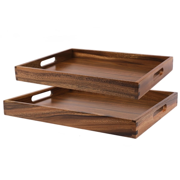 2Pack Acacia Wooden Tray,17x12" Nesting Ottoman Trays,Stackable Serving Trays with Reinforced Base, Decorative Wood Platter for for Kitchen, Dining Room, Living Room, Coffee Table, Home Decor & Food