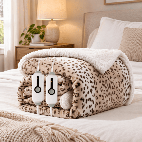 17-beige Leopard Print Queen(84"x90") Electric Heated Blanket