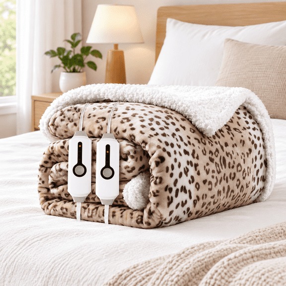17-beige Leopard Print Queen(84"x90") Electric Heated Blanket