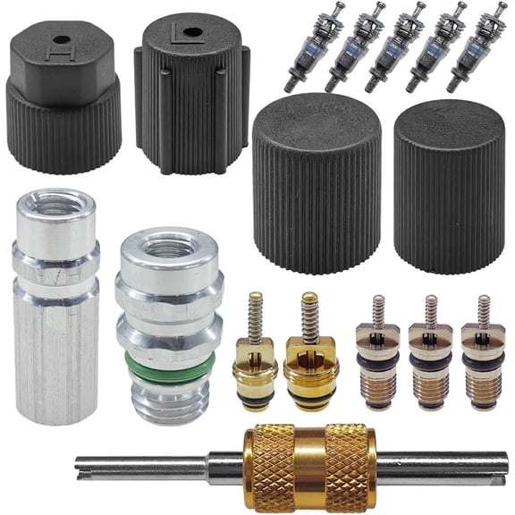 17 count  Air Conditioning Valve Core Kit, R12 R134a Teflon Seal Refrigeration A/C System Cap & Valve Kits with  for High/Low- A/C Service Ports & HVAC Systems