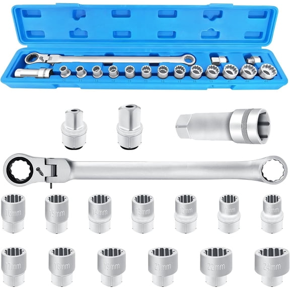 17 count Extra Long Flex- Ratcheting Wrench Set, 180  Flex , 10-24mm  Heads, Double Box End Wrench Set, 72  for Garages, Repair Shops, and DIY,  Spline