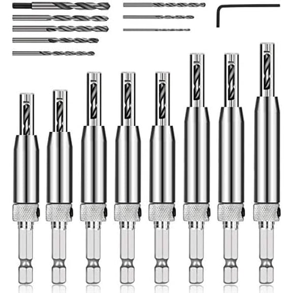 17 count VIX Bits Self Centering Drill Bit Set, 1/4" Hex Shank Self Centering Hinge Drill Bit Set for Woodworking Window Door Hinge, Quick Change with 1 Hex Key & 8 Drill Bits 5/64-1/4"