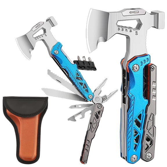 17-in-1 Multifunctional Outdoor Tool Axe with Hammer, Plier, wrenches, utility knife, saw, bottle opener, Multi-bit screwdrivers, Great Gift for Men Dad Camping Survival Kit (Blue)