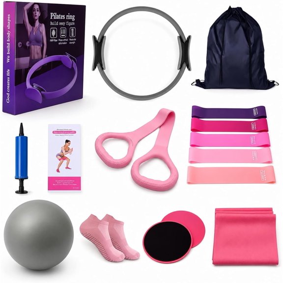 17-in-1 Pilates Kit for Women, 14.5" Pilates Ring, Resistance Bands & Yoga Ball, Workout Set with Backpack
