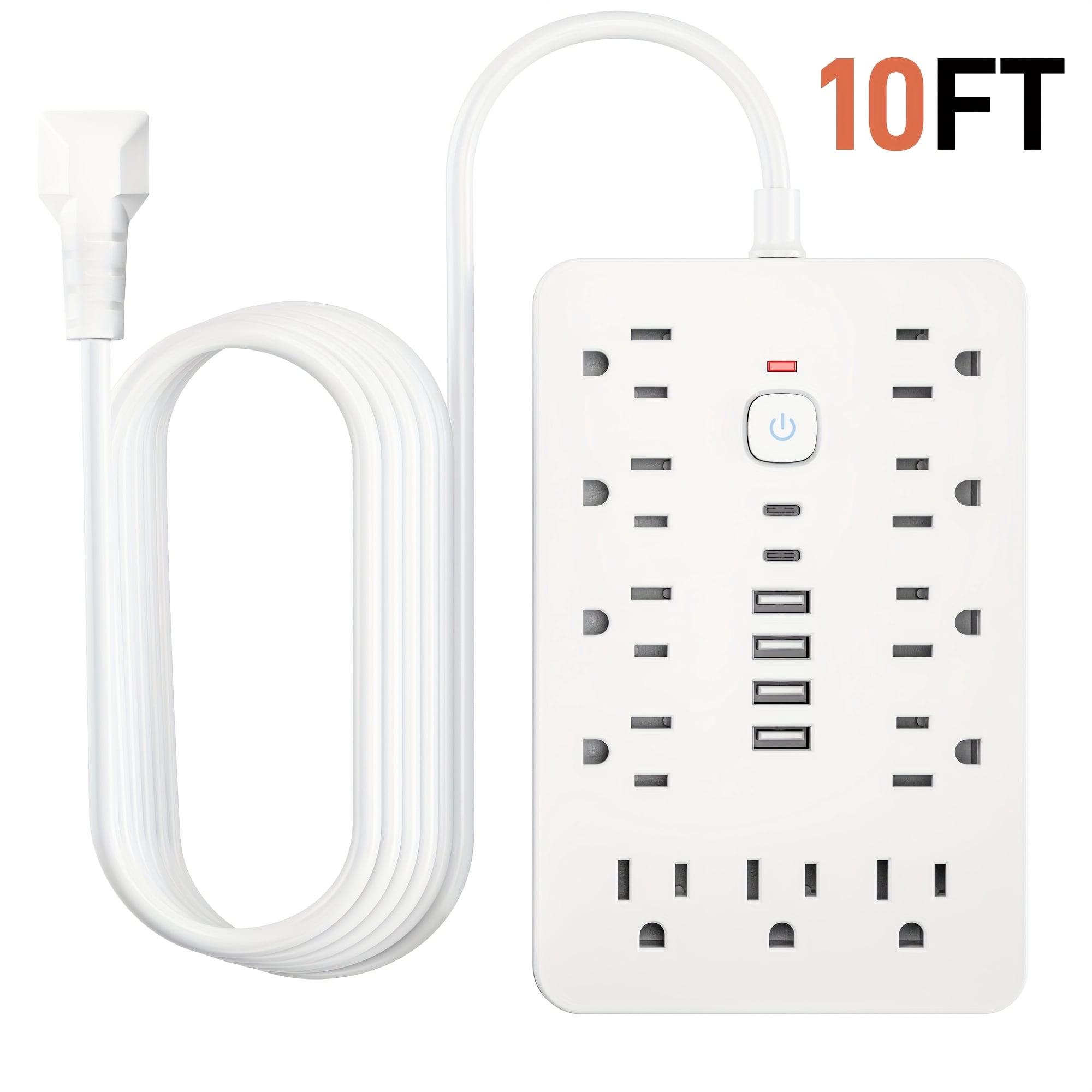 17-in-1 Surge Protector Power Strip with USB Ports: 11 AC Outlets, 4 USB-A, 2 USB-C, 5FT/10FT Cord, Wall Mount Charging Station for Home Office Dorm Travel, White and Black