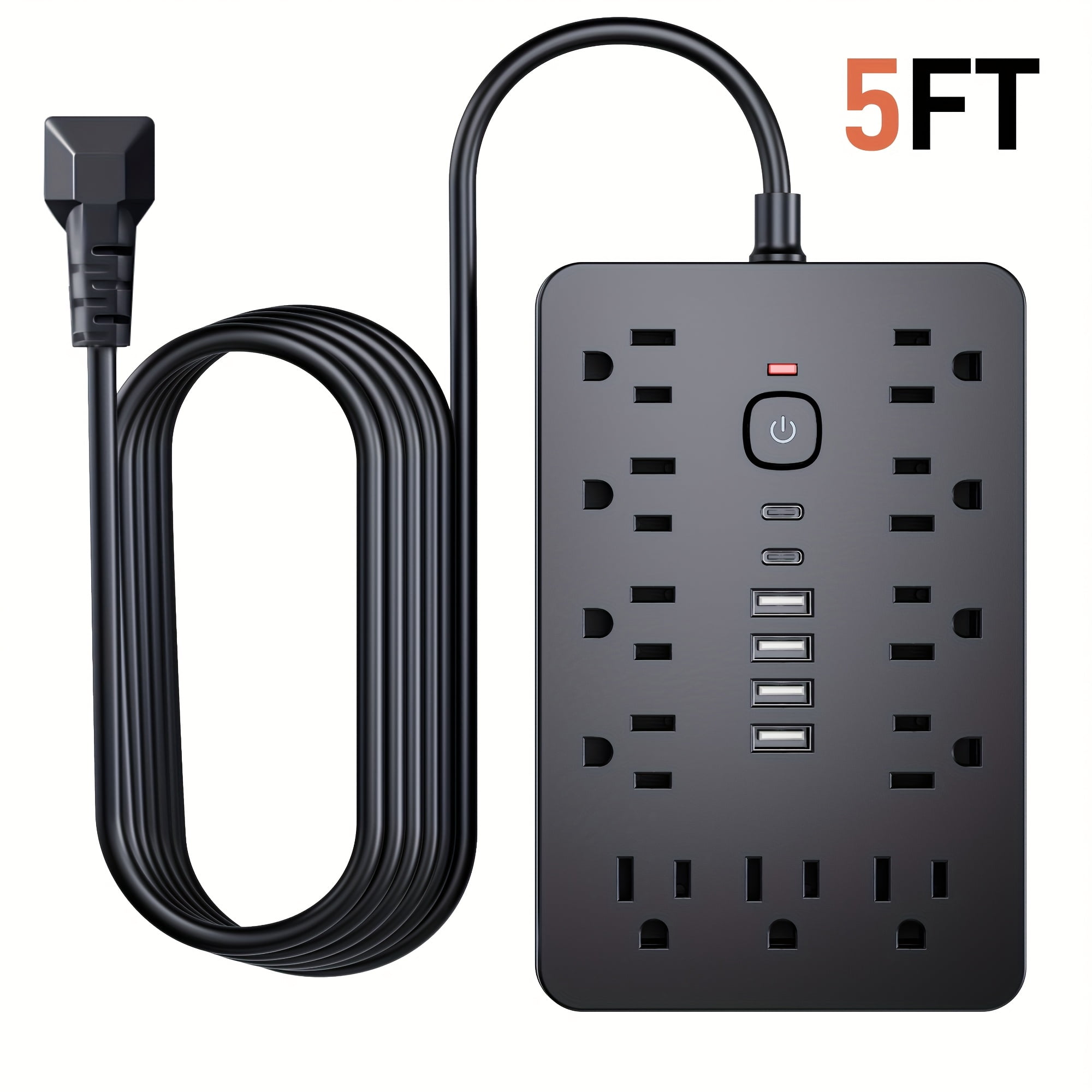 17-in-1 Surge Protector Power Strip with USB Ports: 11 AC Outlets, 4 USB-A, 2 USB-C, 5FT/10FT Cord, Wall Mount Charging Station for Home Office Dorm Travel, White and Black