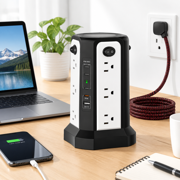 17-in-1 Tower Surge Protector, Black White-4C1A, 7.52 x 6.18 x 5.00 Inch