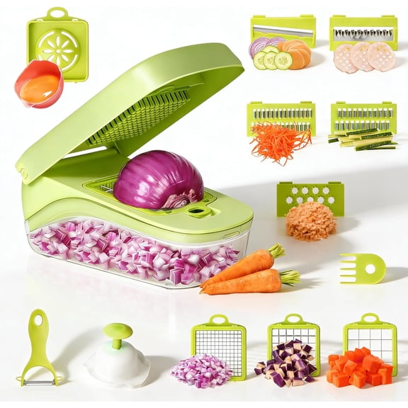 17-in-1 Vegetable Chopper, Mandoline Slicer with Container & 4 Blades - Multi-Function Food Grater for Chopping, Slicing, Dicing Onion, Potato, Cheese - Space Saving Kitchen Gadgets