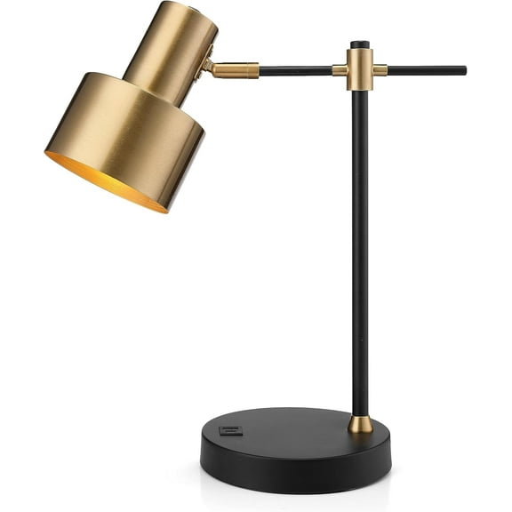 17 in. Brass Gold and Black Lamp with 2 Fast Charging USB Ports for Task and Reading