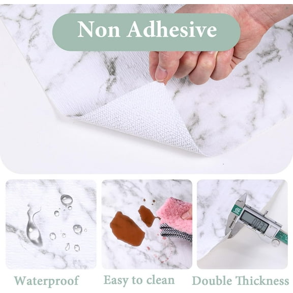 17 in X 20 Ft Non-Slip Waterproof Shelf Liner for Kitchen Cabinet, White Marble Design with Knife and Tape Measure
