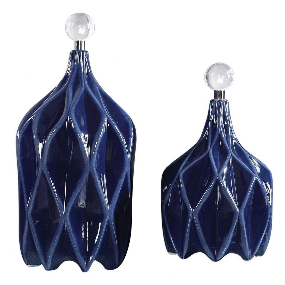 Glossy Cobalt Blue Geometric Ceramic Bottles with Crystal Finials, Set of 2