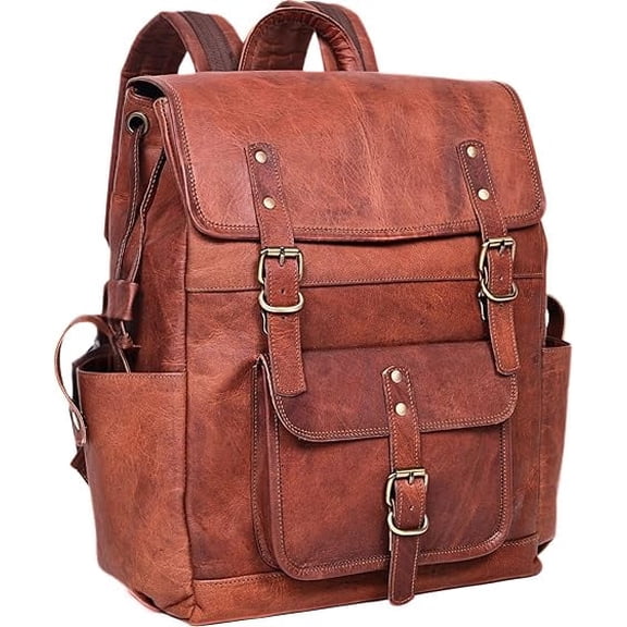17-inch Brown Mens Leather Backpack Large Vintage Laptop Backpack Leather Bookbag Travel Rucksack For Work, Hiking, Business, & Daily Use Shoulder Bag
