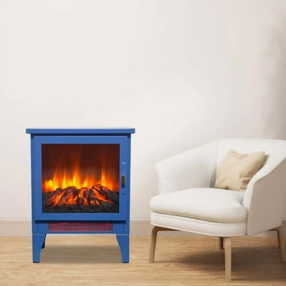 17 inch Freestanding Electric Fireplace Stove, Portable Heater with 3D Flame Effect and Two Heat Settings, 1400W Compact Fireplace for Small Spaces, Aqua Blue
