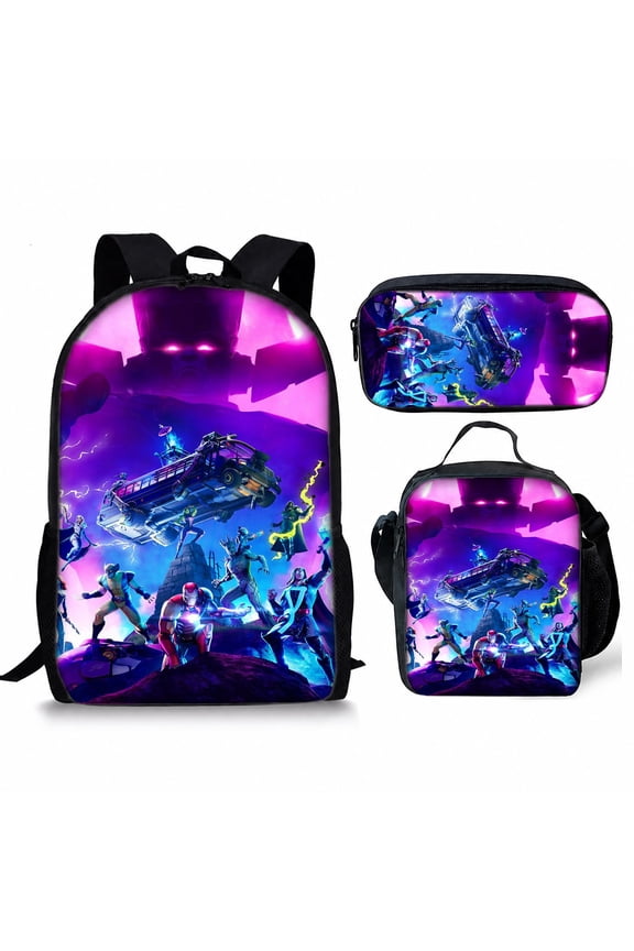 17 inch Gaming Pattern Backpack 3-Pcs Set, Lightweight Waterproof Schoolbag with Lunch Box Pencil Case, Ideal Gamer Gift