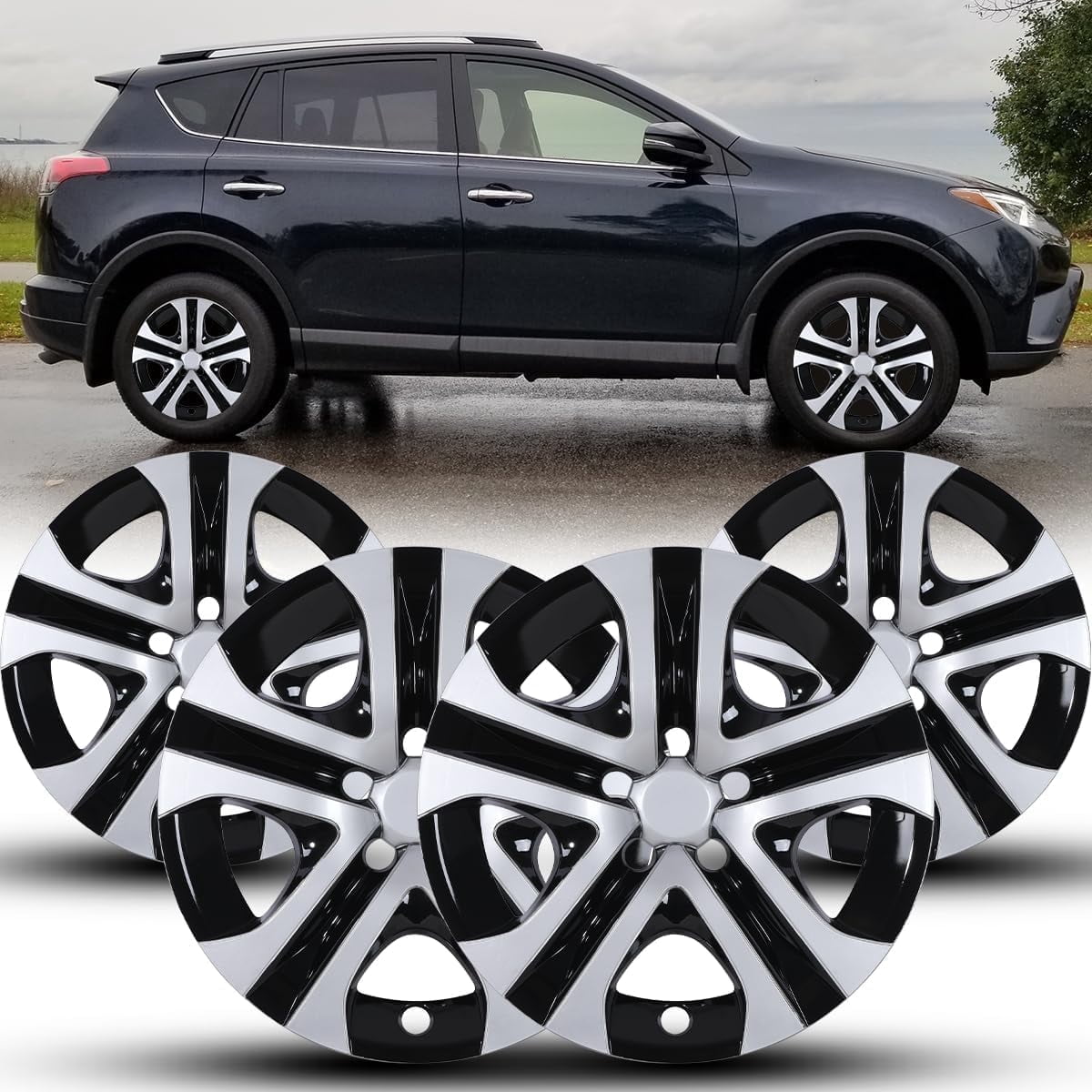 17 inch Set of 4 Wheel Covers Hubcaps Fits for 2013-2018 Toyota Rav4,Heavy Duty PP Material,Silver Lacquer & Black Lacquer