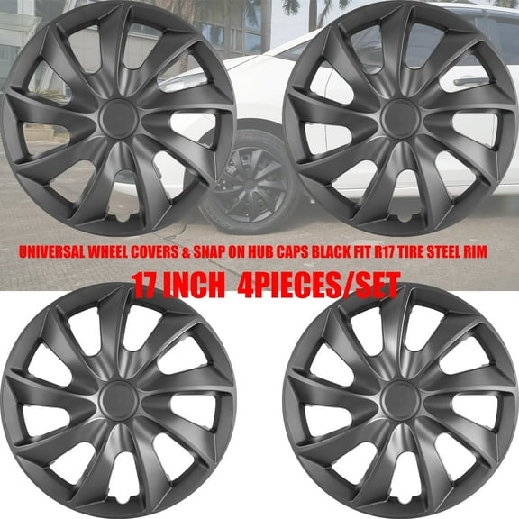 17 inch Universal Wheel Covers & Snap On Hub Caps Black Fit R17 Tire Steel Rim, 4 Pack
