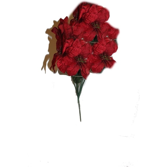 17 inch Velvet Sparkling Christmas 7 Head Bush with Artificial 4 inch Poinsettia Flowers (Red)