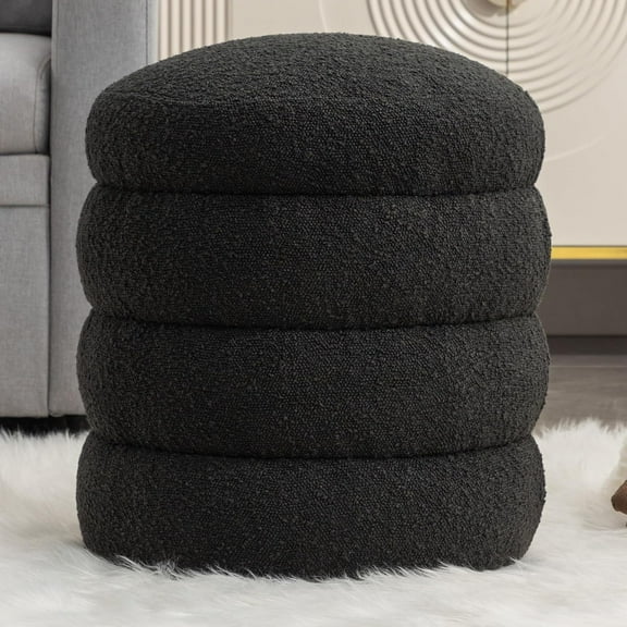 17 inch Wide Round futon Ottoman Footstool in Black Boucle Vanity seat for Living Room, Bedroom, Desk