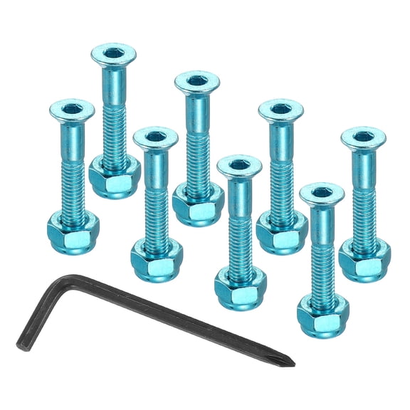17 mm/ 0.7" Skateboard Hardware Kit, 8 Pcs Mounting Screws Bolts Nuts Set with Hex Key for Skateboard Cruiser, Blue
