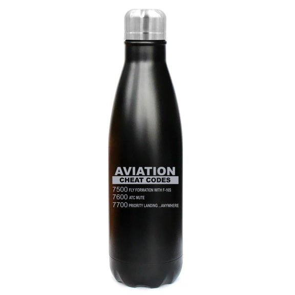 17 oz. Double Wall Vacuum Insulated Stainless Steel Water Bottle Travel Mug Cup Aviation Cheat Codes Pilot (Black)