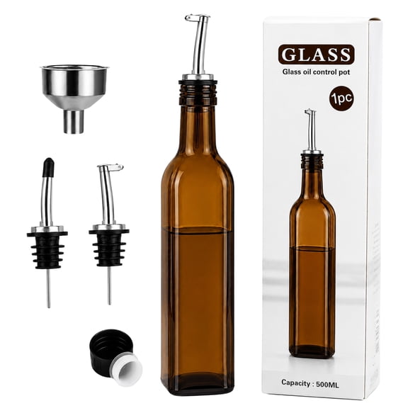 17 oz Dark Amber Glass Olive Oil Dispenser Bottle, 500ml UV Shield Oil & Vinegar Cruet with Pour Spouts & Funnel