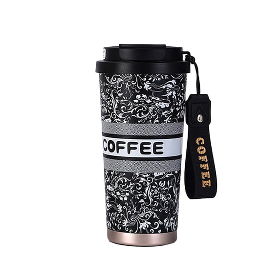 17 oz Insulated Stainless Steel Coffee Cup, Leak-Proof Travel Mug with Lid and Carrying Strap, Patterned Reusable Tumbler