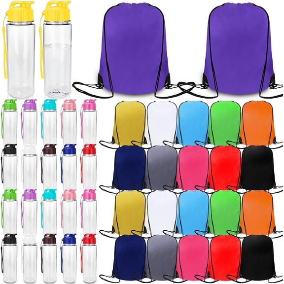 17 oz Plastic Water Bottles Bulk and Drawstring Backpack Set Leakproof Portable Drink Water Bottles with Handle Strap for Home Office Sports Gym Travel Cycling