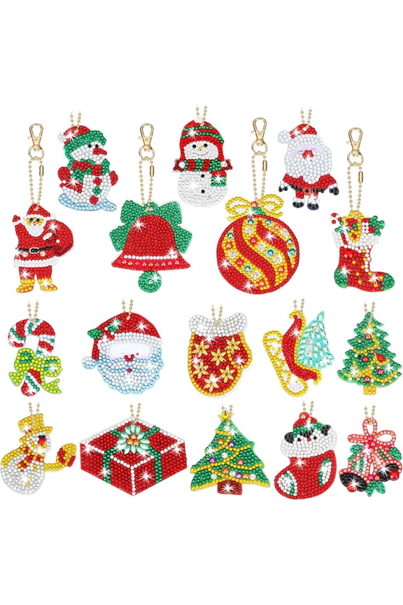 17 pcs Double Sided Diamond Art Christmas Ornaments Christmas Keychains Diamond Art Kit for Adult DIY 5d Painting Round Drill Key Chain Xmas Crystal Rhinestone Arts Craft Keychain Supplies