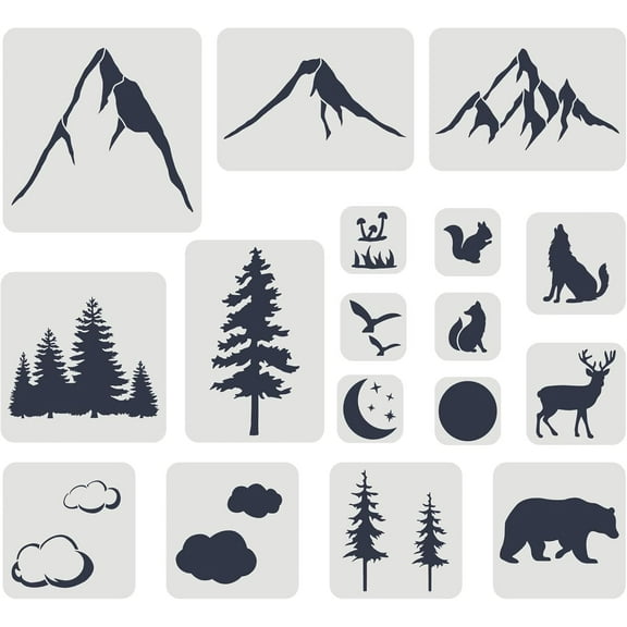 17 pcs Mountain Forest Animals Stencil Set Mixed Size Mountain Wild Animal Drawing Stencil Reusable Forest Animals Template for Painting on Wall Floor Furniture Wood and Paper White