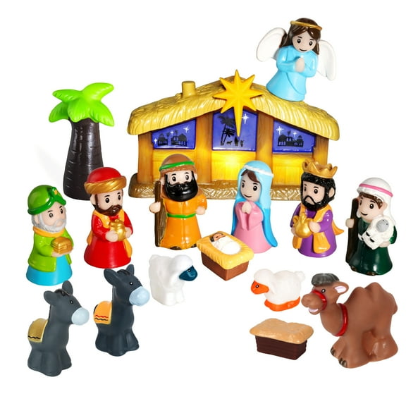 Kids Nativity Play Set with Light,17 PCS Christmas Religious Toys Small Nativity Set for Kids Toddler, Children Nativity Scene Include Manger Baby Jesus Figures Christian Religious Gifts