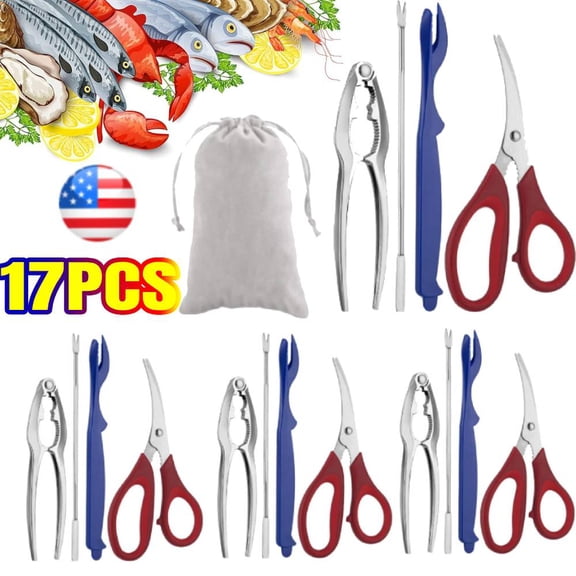 17-piece Crab Crackers and Tools Set, Seafood Tools Set includes 4 Crab Crackers, 4 Lobster Shellers, 4 Crab Leg Forks/Picks and 4 Seafood Scissors-Nut Cracker and Storage Bag