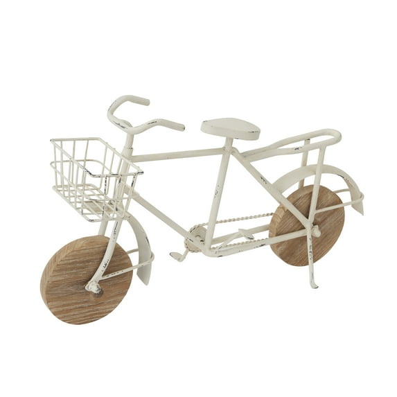 17" x 10" White Metal Bike Sculpture with Wood Wheels, by DecMode