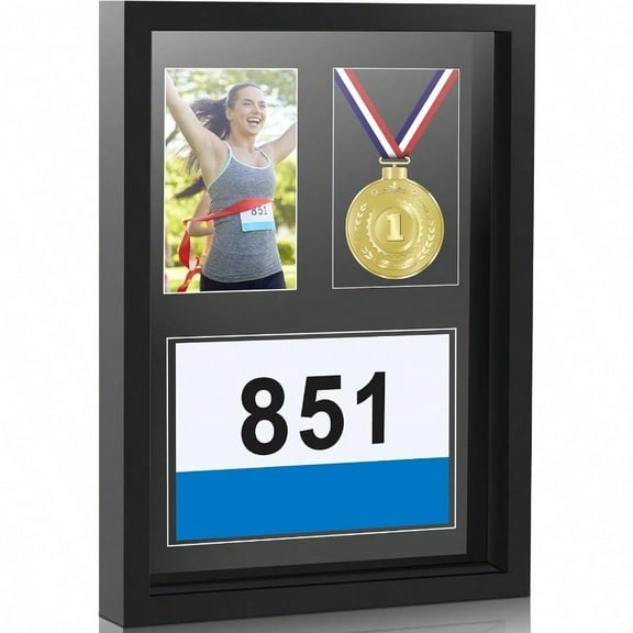 17 x 12.5 Inches 3 in 1 Shadow Box Display Medal Photo Framing Kit Medal Frame Display Case Runners Triathlon and Running Bib Holder for Race Bibs Race Winner Photo Black