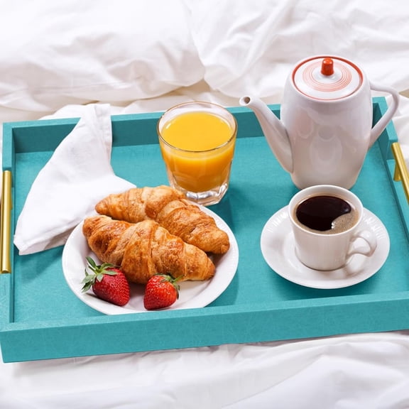 17" x 12" Wood Serving Tray with Gold Polished Metal Handles, Home Decorative Wooden Rectangle Ottoman Leather Decor Platter Bathroom Vanity Tray for All Occasions Blue