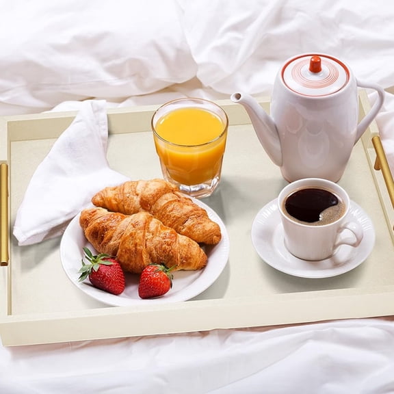 17" x 12" Wood Serving Tray with Gold Polished Metal Handles, Home Decorative Wooden Rectangle Ottoman Leather Decor Platter Bathroom Vanity Tray for All Occasions White