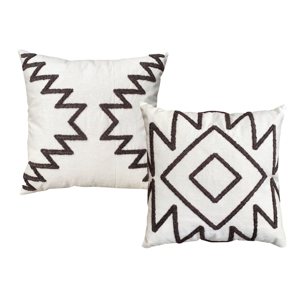 17 x 17 Inch White and Gray Cotton Embroidered Throw Pillow Set