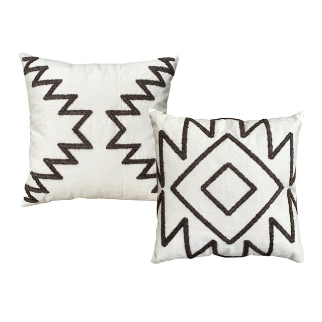 17 x 17 Inch Square Cotton Accent Throw Pillows Geometric Aztec Embroidery Set of 2 White Gray - Saltoro Sherpi