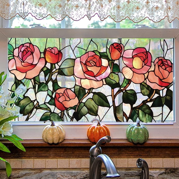 17 x 40-inch Rose Stained Glass Window Cling, Decorative Vinyl Static Privacy Film for Bathroom Door and Apartment Decor