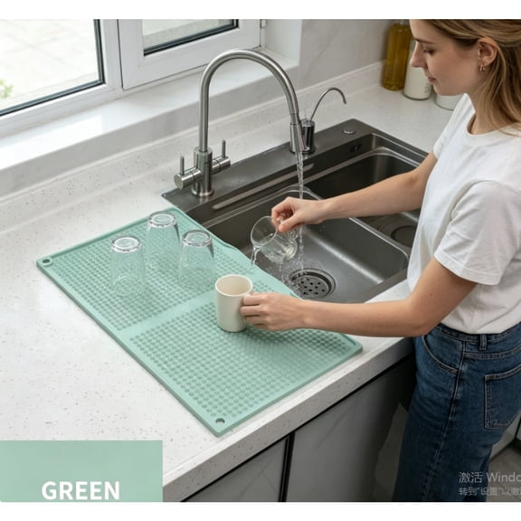 17"x11" Silicone Dish Drying Mat for Kitchen Counter, Heat Resistant & Non-Slip Dish Drain Pad - Green