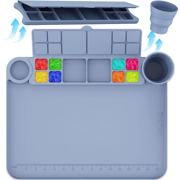 17"x13" Silicone Craft Mat with Detachable Cup & Palette, 7 Colors: Coral Pink, Gray & Coral Pink, Purple, White, Gray, Green, Purple & Green, Thick Raised Edge Mat for Artist, DIY, Resin Making