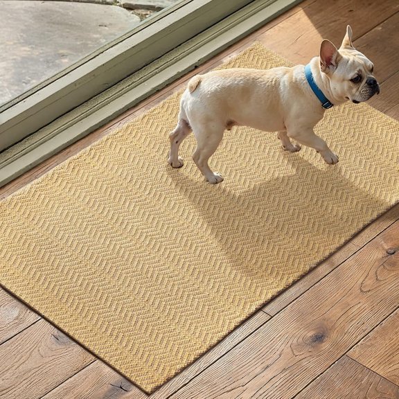17"x29.5" Faux Linen Entryway Rug, Washable Woven Textured Indoor Doormat with Slip Resistant Gel Backing, Low Profile Front Door Mat for Mudroom Hallway, Khaki