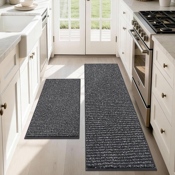 17''x30''+17''x48'' Non-Slip Kitchen Runner Rugs, 2PCS Polypropylene Kitchen Mats, Machine Washable Absorbent and Stain Resistant , Carpet Mats with TPR Backing for Kitchen, Charcoal