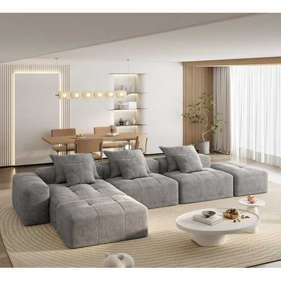 170.08" Oversized Modular L Shaped Sectional Couch, Comfy Sparkling Chenille Deep Seat Sofa with Ottoman, Modern DIY Combination Tufted Sofa Couches for Living Room, No Assembly Required Gray