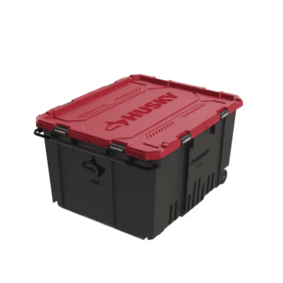 Husky 170 Gallon Pro Grip Storage Tote, Black/Red, Wheeled with Steel Handle, 48.6 x 40.1 x 27.4 inches