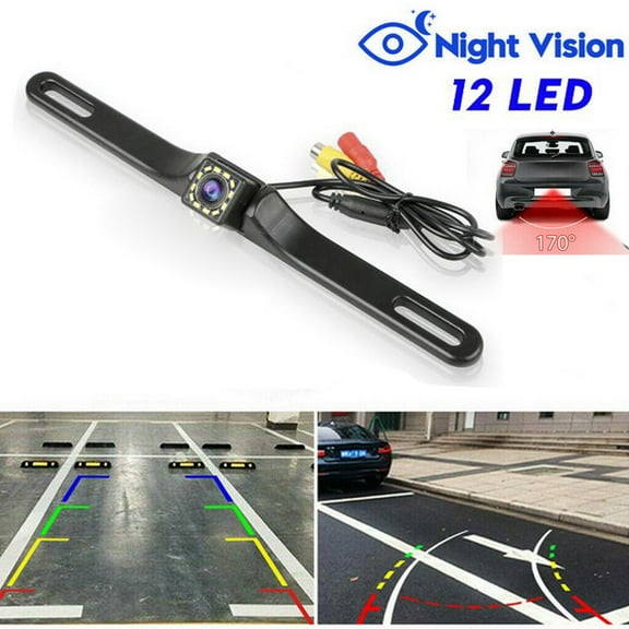 170 HD Car Rear View Backup Camera with 12 LED for Night Vision, IP68 Waterproof License Plate Mounting Kit for Safe Reversing in Low Light Conditions