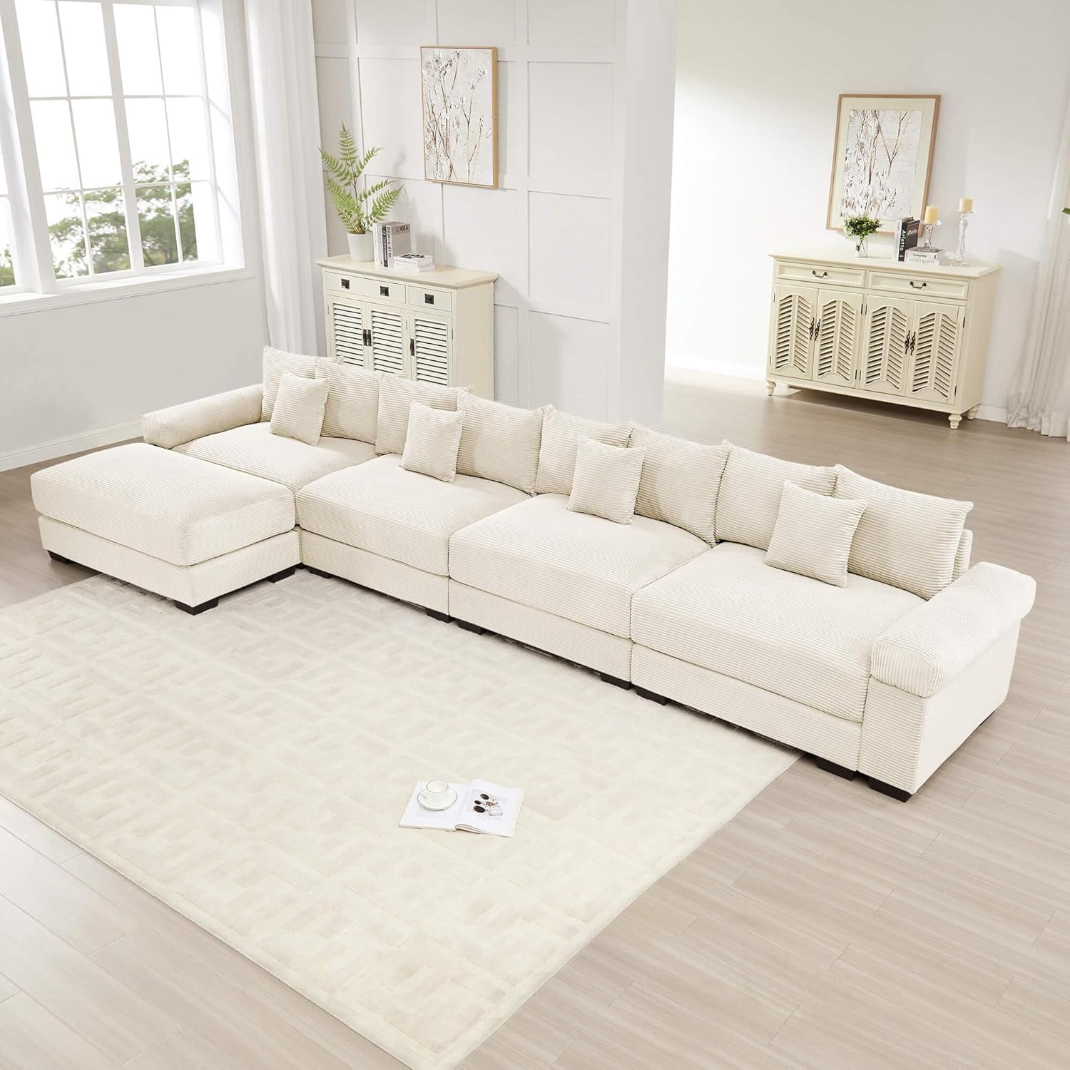 170" Oversized Cloud Modular Sectional Couch| Corduroy L Shaped Sofa|Extra-Thick Armrests|12 Throw Pillows|Good Resilience Cushion|Ergonomic Design|Easy Assembly|for Living Room,Office -Beige