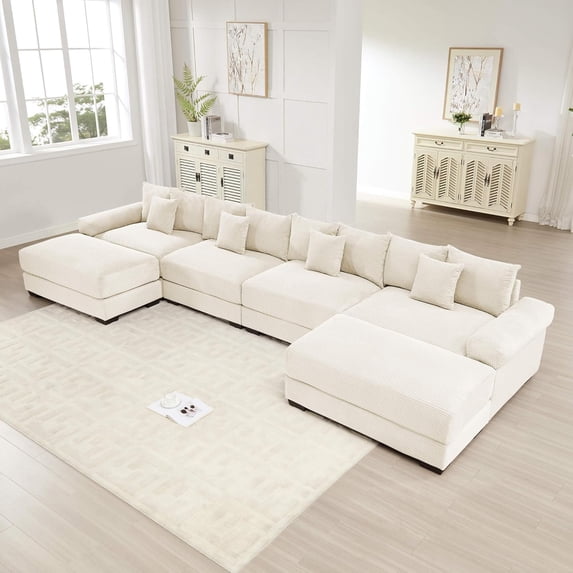 170" Oversized Cloud Modular Sectional Couch| Corduroy U Shaped Sofa|Extra-Thick Armrests|12 Throw Pillows|Good Resilience Cushion|Ergonomic Design|Easy Assembly|for Living Room,Office -Beige