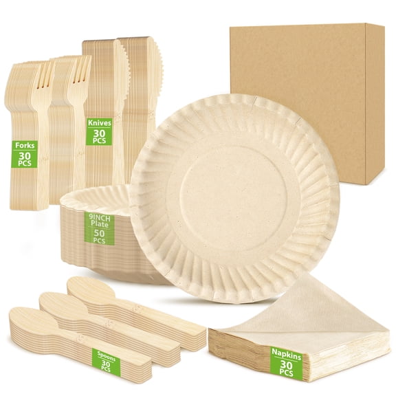 170 PCS Disposable Party Set with 9 Inch Printed Plates, Compostable Cutlery & 16x16 Inch Napkins, Eco-Friendly Biodegradable Lightweight for Wedding, BBQ, Gatherings