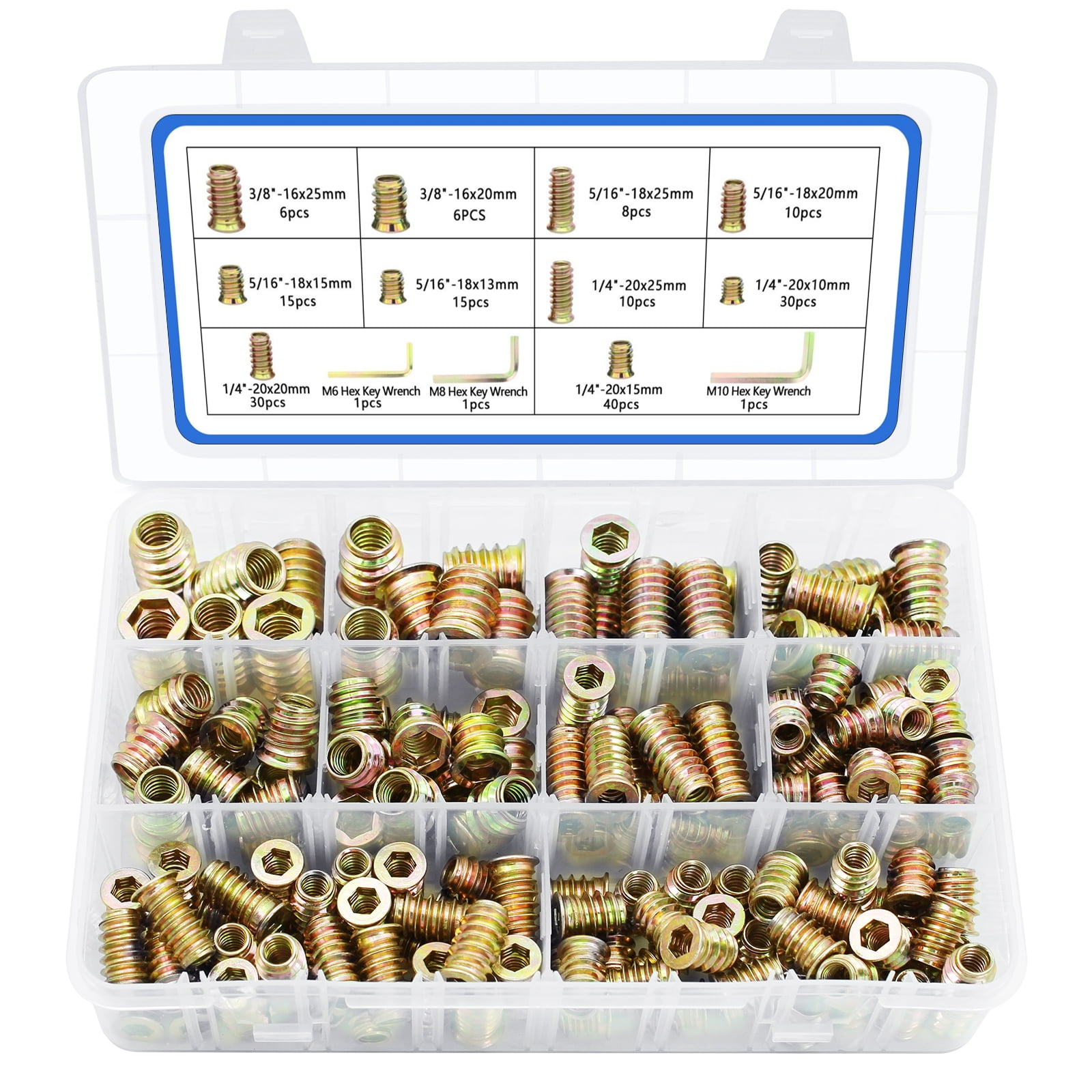 170 PCS Threaded Inserts Nuts, 10 Sizes-1/4"-20, 5/16"-18, 3/8"-16 Wood Inserts Assortment Kit, Steel Threaded Inserts for Wood Furniture Screw Threaded Inserts Kit with 3 PCS Hex Wrench