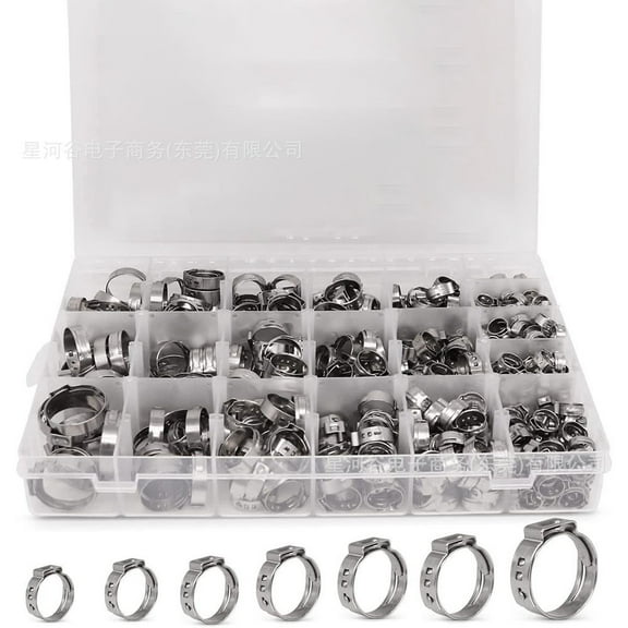 170 Pcs 304 Stainless Steel Single Ear Hose Clamp without Ear Clamp Pincer, 11 Sizes 1/4-1 Inch Constant Crimp Stepless Cinch Rings Crimp Assortment Kit for Water Pipe